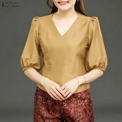ZANZEA Women's Elegant Satin Short Blouses Summer 3/4 Lantern Sleeves V-Neck Tops Sophisticated Solid Color Blusas de Mujer