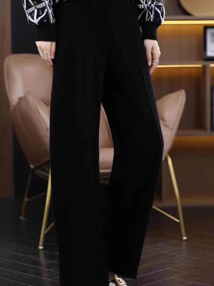 Women Pants Full Length Elastic Waist Knitted Pant Haigh Waist Wide Leg Autumn Winter Warm Stretch Trousers Casual Korean Pants