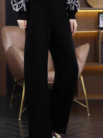 Women Pants Full Length Elastic Waist Knitted Pant Haigh Waist Wide Leg Autumn Winter Warm Stretch Trousers Casual Korean Pants