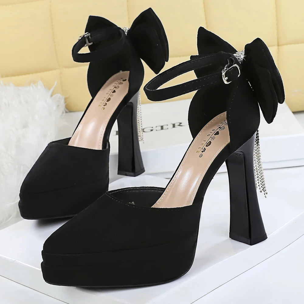 BIGTREE Shoes Suede Ultra High Heels 11.5 CM Bowknot Design Women Pumps Platform High-heeled Sandals Women Chunky Heel Shoes