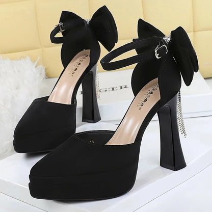 BIGTREE Shoes Suede Ultra High Heels 11.5 CM Bowknot Design Women Pumps Platform High-heeled Sandals Women Chunky Heel Shoes