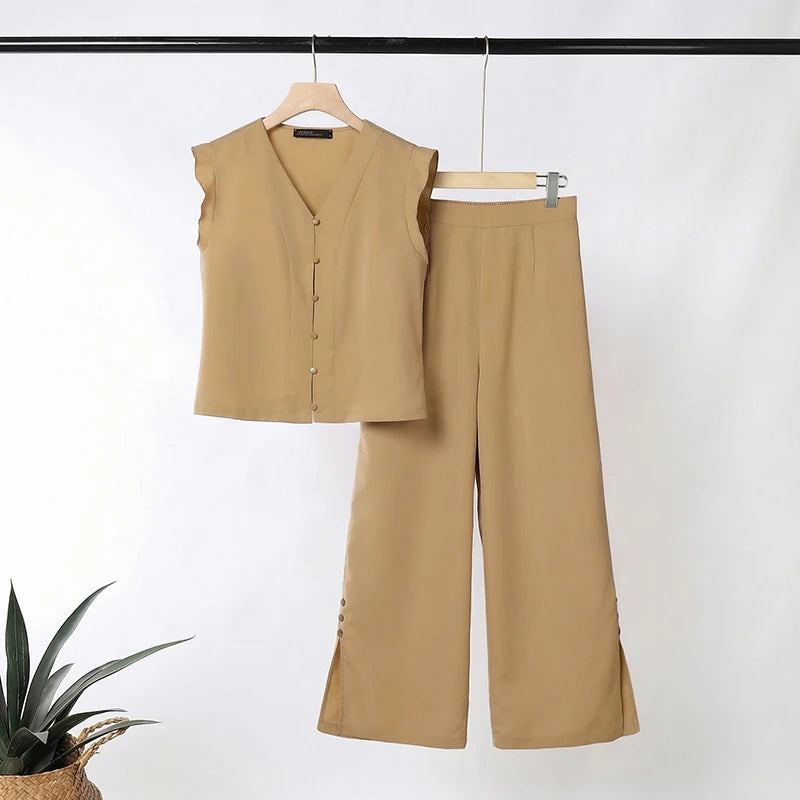 ZANZEA Womens Pant Sets Side Slit Wide Leg Pants & Ruffles Trim Sleeveless Tops 2 Piece Suits Summer Casual Bohemian Outfits