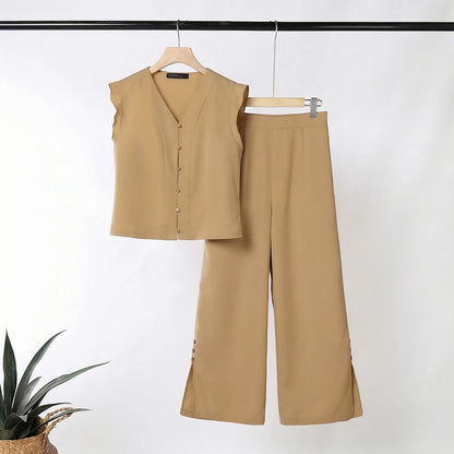 ZANZEA Womens Pant Sets Side Slit Wide Leg Pants & Ruffles Trim Sleeveless Tops 2 Piece Suits Summer Casual Bohemian Outfits