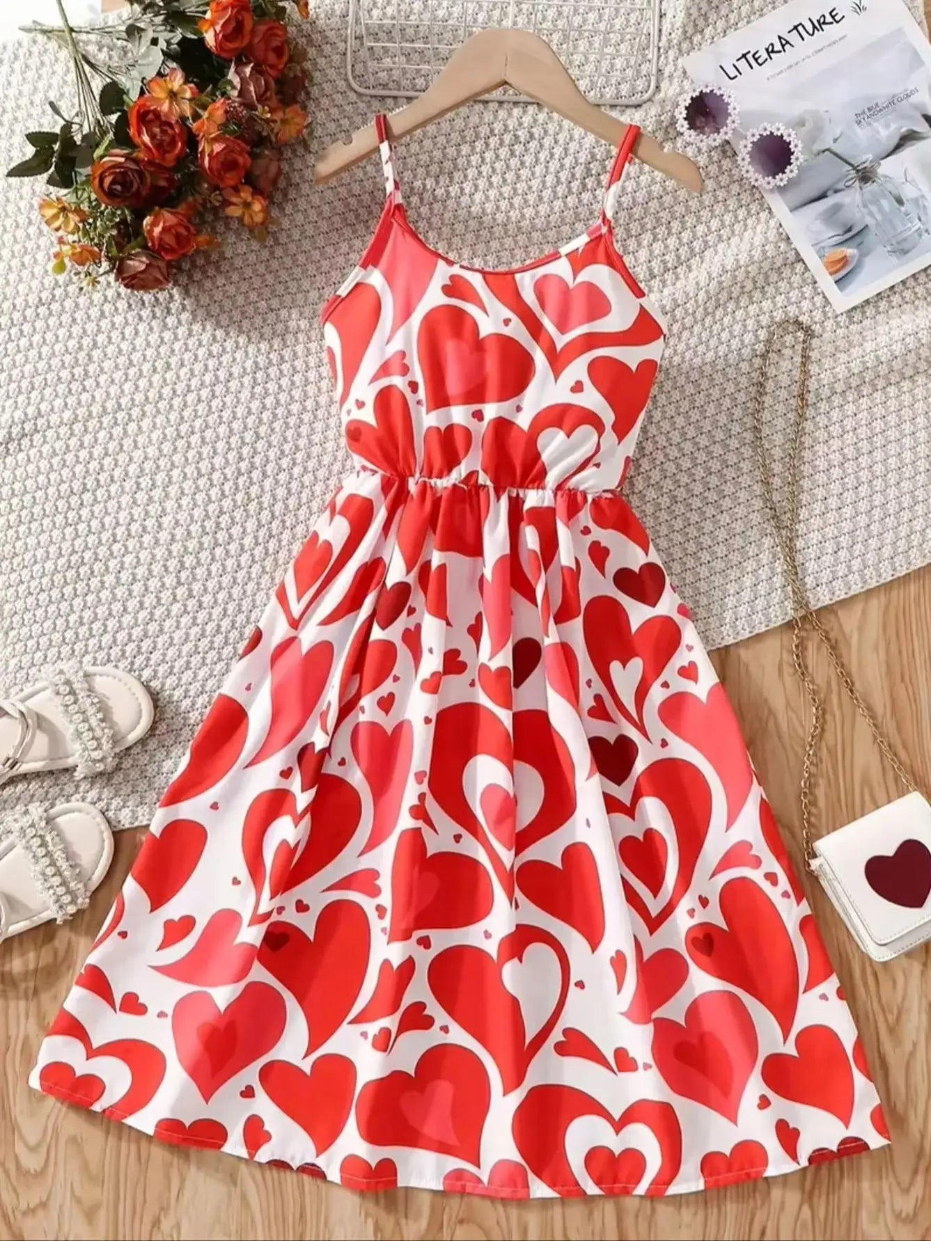 Summer Casual Style Girls' Heart-Shaped Printed Round Neck Sleeveless Camisole Dress, Mid Length Skirt