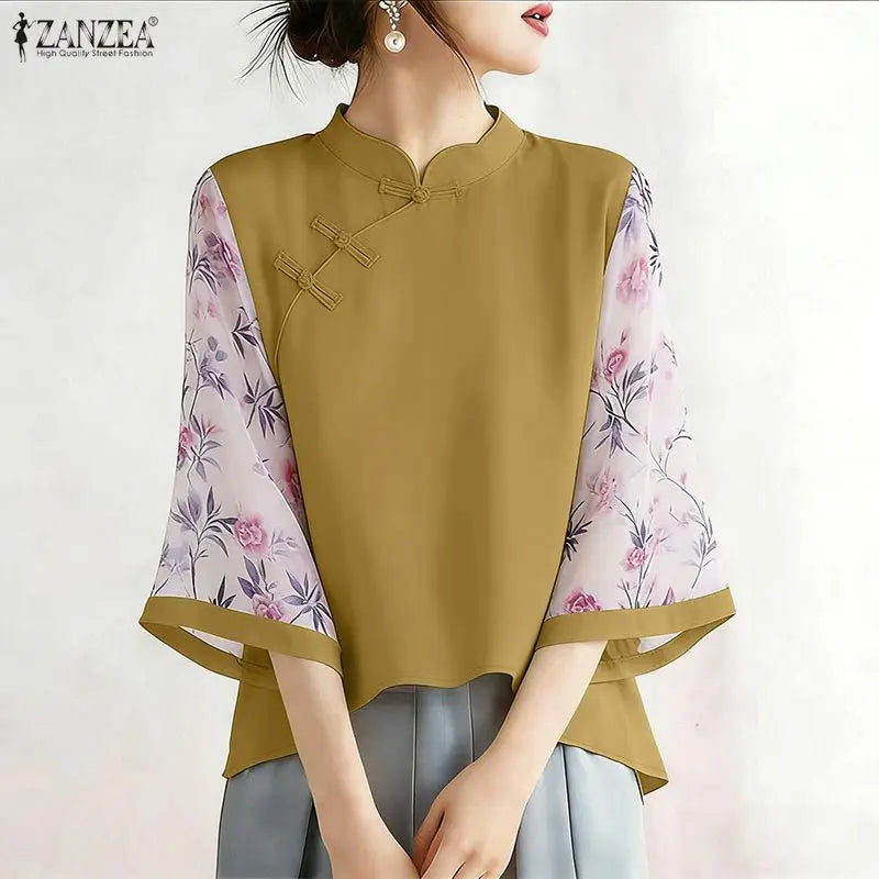 ZANZEA Vintage Style Blouses for Woman Mandarin Collar Floral Printed 3/4 Sleeve Tunic Tops Summer Elegant Blusas de Mujer
