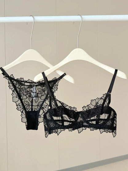 Romantic Lace Lingerie Set Sheer Mesh Ultra-Thin Soft Underwire Minimizer for Full Bust & Push-Up for Small Bust