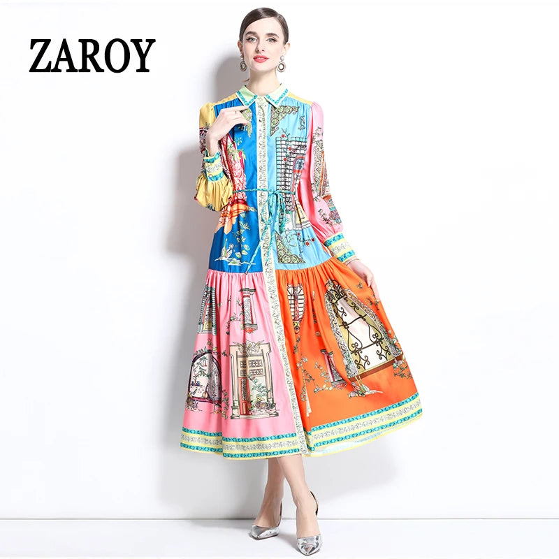 ZAROY French Court Style Long Sleeve Dress Luxury Vintage Lapel Midi Dress Women Elegant Button-up Belted Party Dress Vestidos