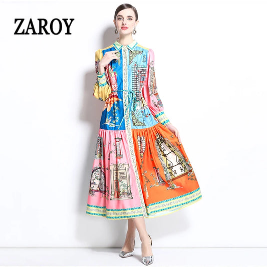 ZAROY French Court Style Long Sleeve Dress Luxury Vintage Lapel Midi Dress Women Elegant Button-up Belted Party Dress Vestidos