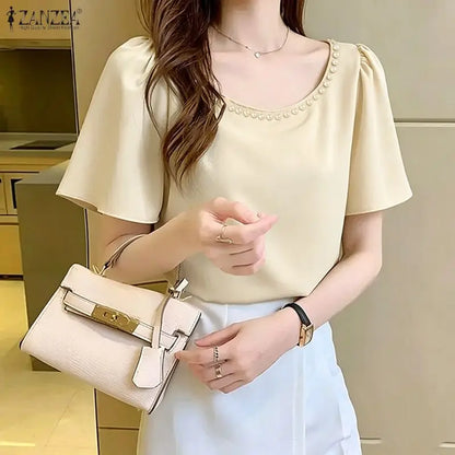 ZANZEA Women's Elegant Blouses Pearls Detailed O-Neck Short Sleeve Pullover Tops Summer Office Work Solid Color Blusas de Mujer