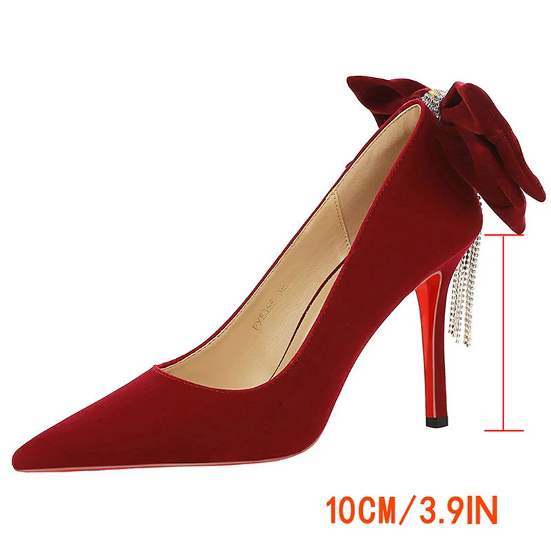 BIGTREE Shoes Rhinestone Chain Design Women Pumps Bowknot Suede High Heels Pointed Heels Stiletto 10 cm Luxury Banquet Shoes