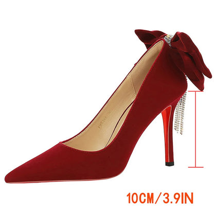 BIGTREE Shoes Rhinestone Chain Design Women Pumps Bowknot Suede High Heels Pointed Heels Stiletto 10 cm Luxury Banquet Shoes