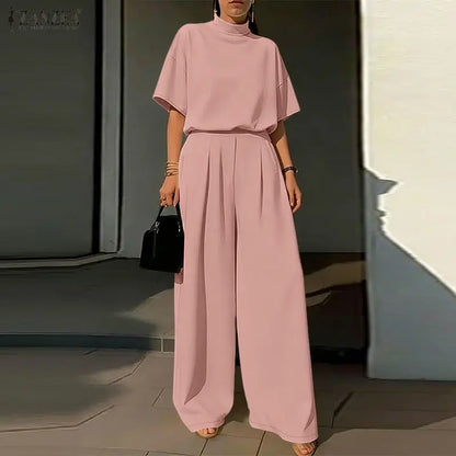 ZANZEA Women's Minimalist Pant Suits Wide Leg Pant & Mock Neck Half Sleeve Blouse 2 Pieces Sets Elegant Solid Pant Sets Outfits