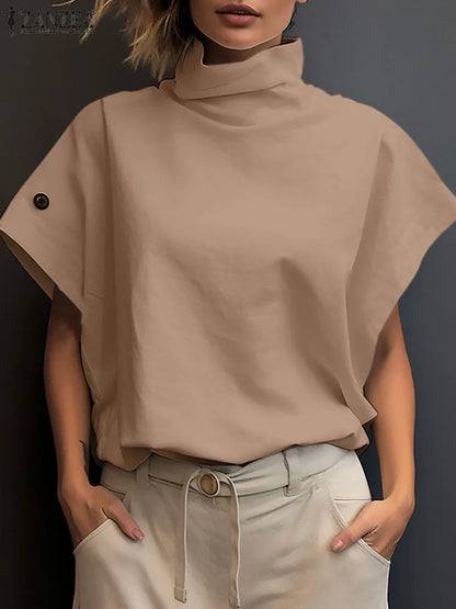 ZANZEA Women Stylish Turtleneck Chic Blouses 2025 Summer Trendy Cap Sleeve Streetwear Loose Casual Blusas Mujer Solid Color Tops