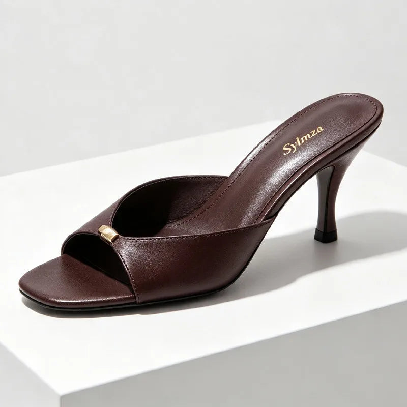 Sexy Open Toe Mules Sandals Women Fashion Metallic Detail Stiletto Women Slippers Summer Elegant Women Shoes Sandalias De Mujer