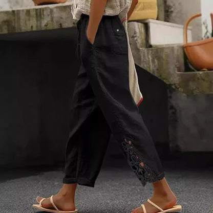 2026 Women's Pants Elastic Waist Solid Color Lace Spliced Drawstring Pocket Simple Fashion Basic Casual 9-point Pants