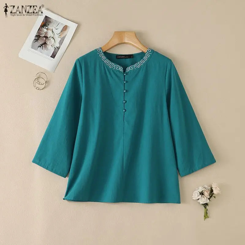 Women Blouse 3/4 Sleeve ZANZEA Cotton Tops O Neck Casual Tunic Summer Autumn Tee Blusas OL Work Party Streetwear Oversize