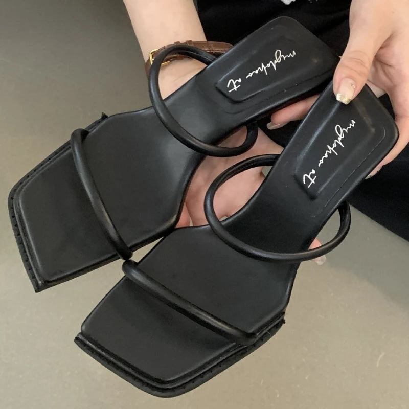 Fashion Leopard Narrow band Women Sandals Square toe thin Heel Slide Sandals Summer Sexy Open Toe non-slip heeled shoes woman