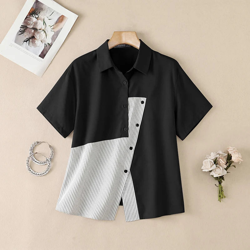 Women Shirt ZANZEA Fashion Patchwork Summer Short Sleeve Tops Striped Tee Oversize Blusas Turn-down Collar Tunic Streetwear