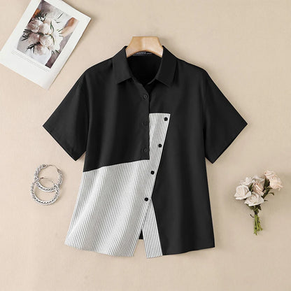 Women Shirt ZANZEA Fashion Patchwork Summer Short Sleeve Tops Striped Tee Oversize Blusas Turn-down Collar Tunic Streetwear