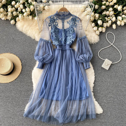 Ladies Dress Three-dimensional Flower See Through Mesh Temperament Stand Collar Lantern Sleeve High Waist Slim Female Dresses