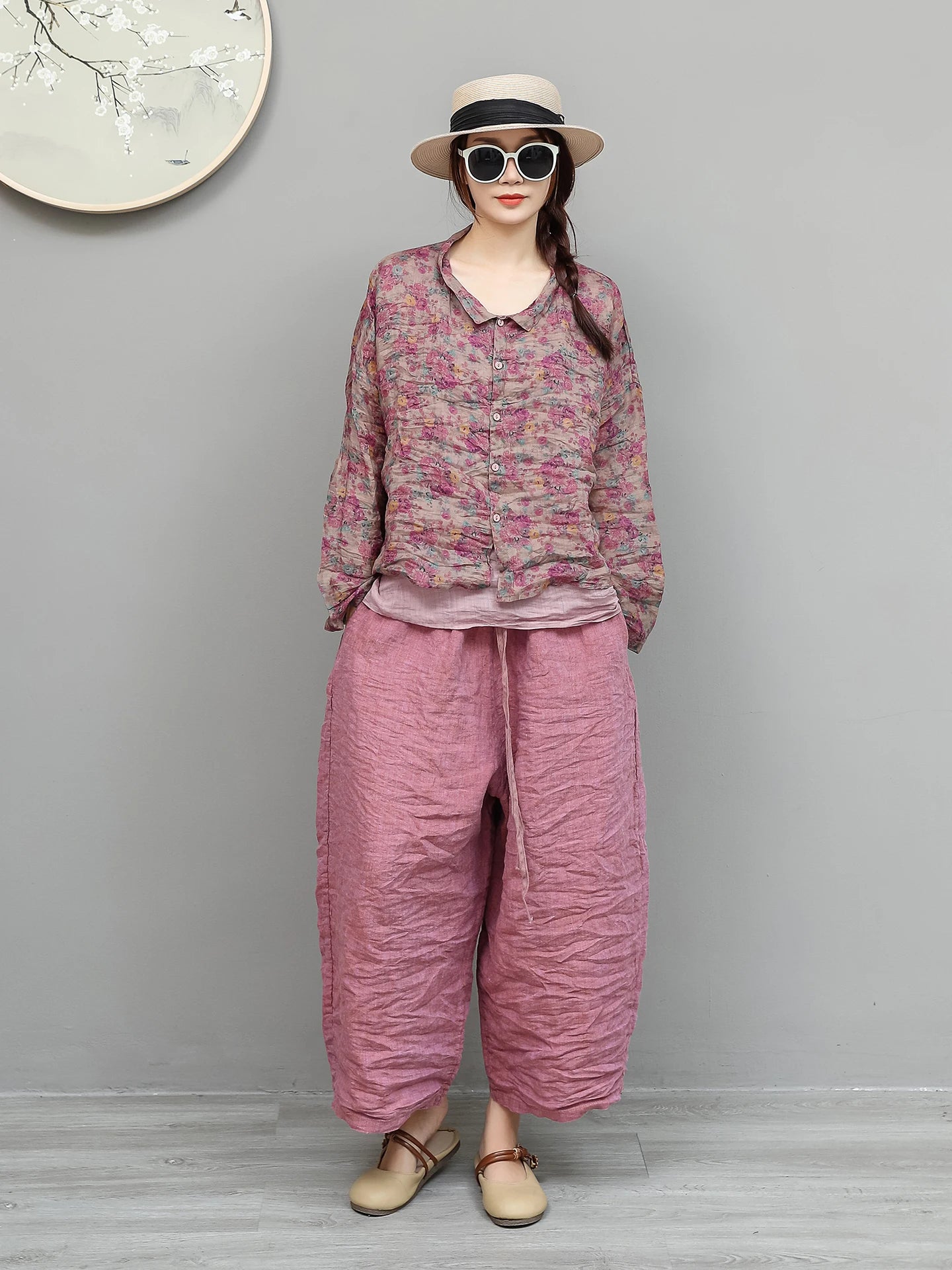 Women Summer Floral Lightweight Ramie Long-sleeve Shirt + Loose Cropped Pants Two-piece Set XY442