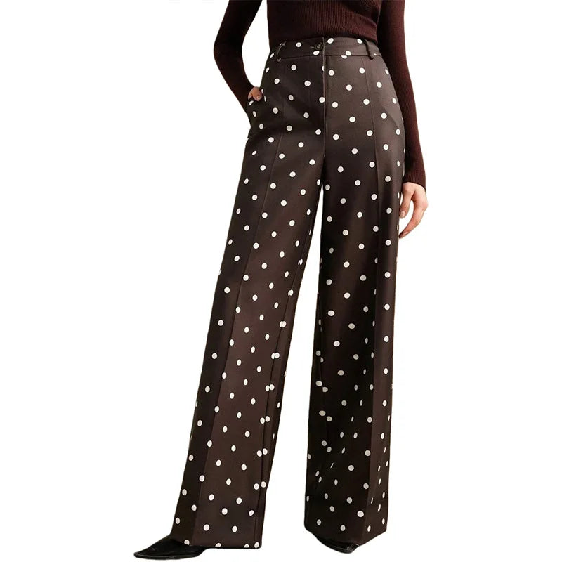 Fashionable Women's Vintage Polka-dot Wide-leg Pants, High-waisted Casual Trousers, Available in Beige, Black, Blue, and Brown.