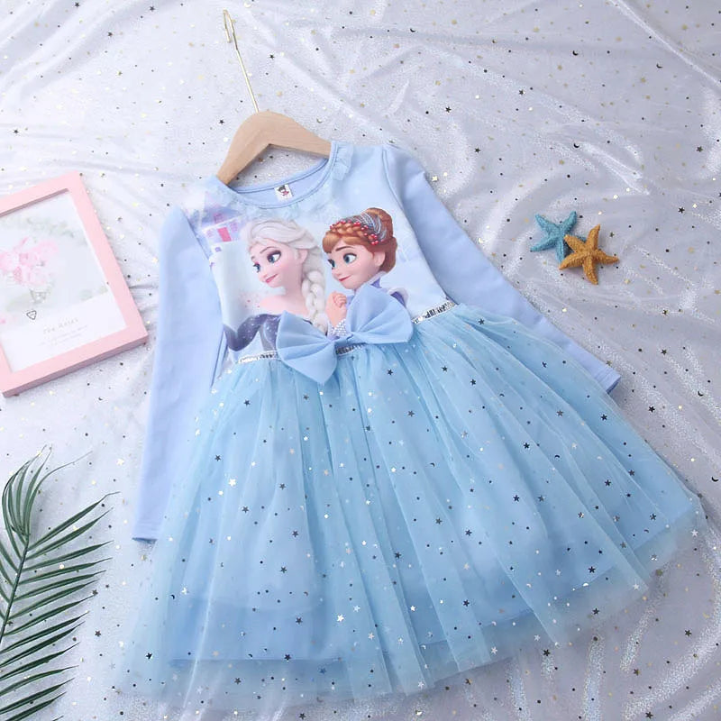 2026 New Snow Queen Dress for Girls Long Sleeve Cotton Lining Puffy Tulle Tutu Princess Gown Kids Birthday Party Clothes Blue