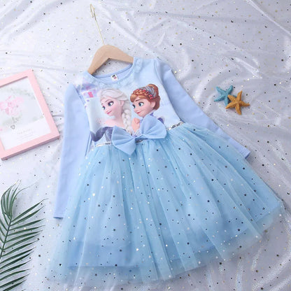 2026 New Snow Queen Dress for Girls Long Sleeve Cotton Lining Puffy Tulle Tutu Princess Gown Kids Birthday Party Clothes Blue