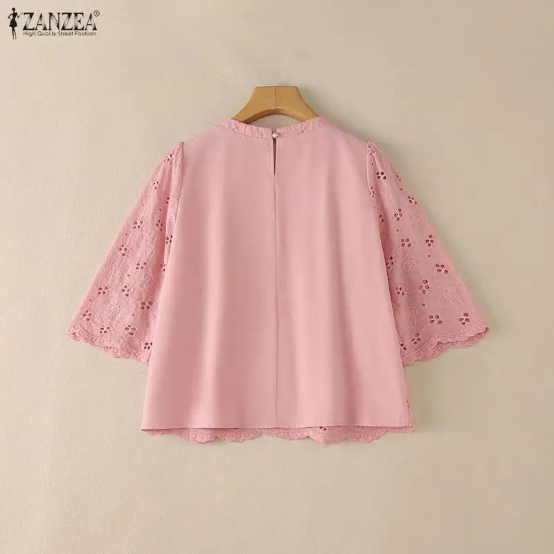 ZANZEA Women's Casual Openwork Blouses O-Neck Half Sleeve Embroidered Floral Patchwork Tops Summer Daily Wear Blusas de Mujer