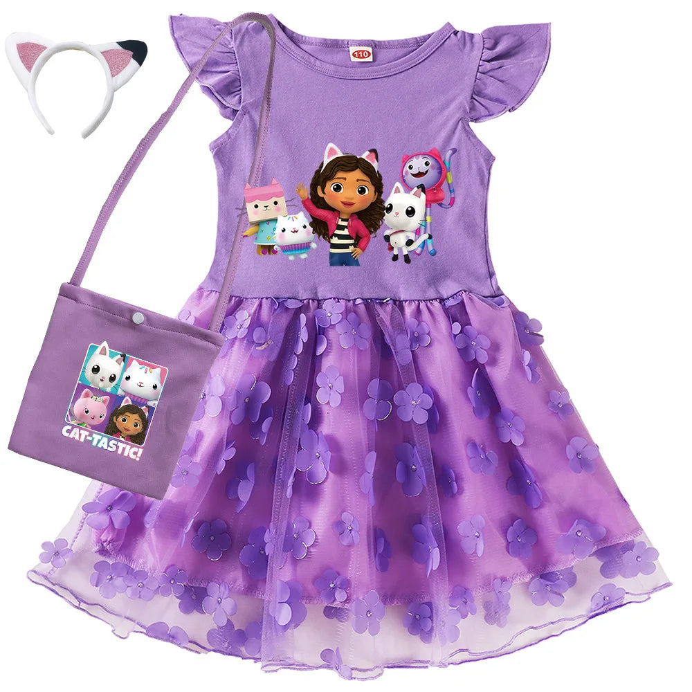 Vestidos Gabbys Dollhouse Costume Kids Cartoon Gabby Chat Dress Baby Girls Summer Short Sleeve Casual Dresses and Bag & Headband