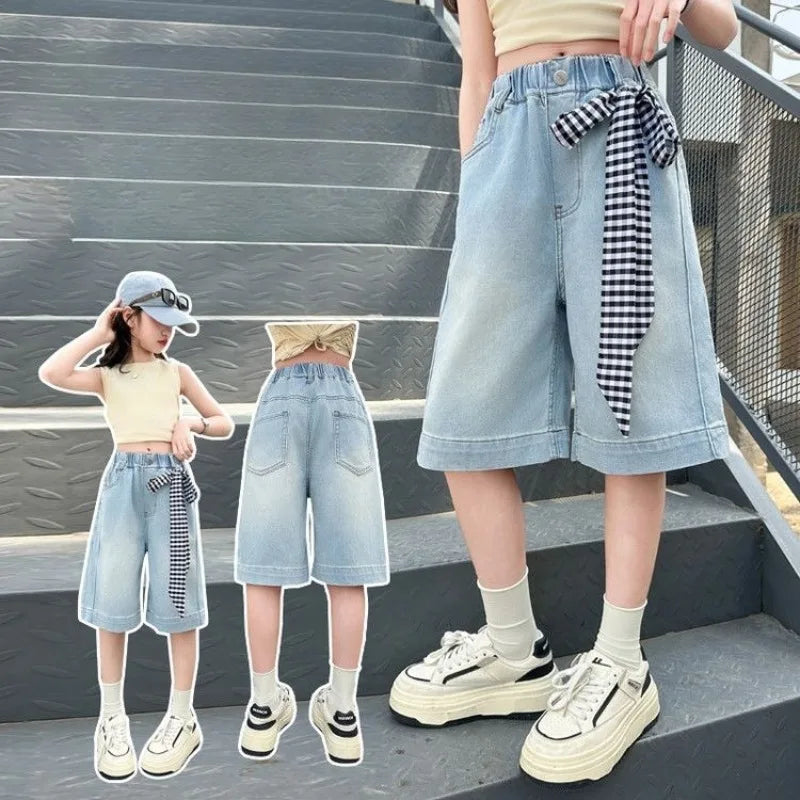 Lightweight Girls' Denim Crop Shorts 2026 Summer Loose Design with Lace Trim Kids' Cotton Blend Shorts