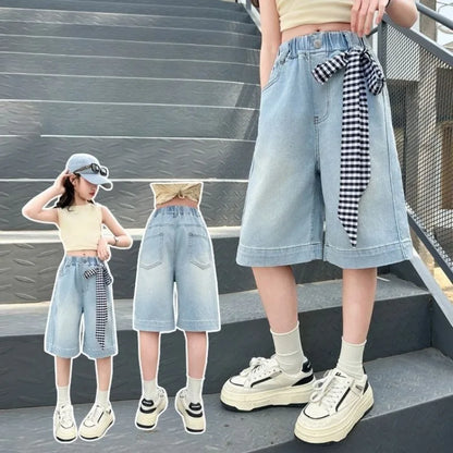 Lightweight Girls' Denim Crop Shorts 2026 Summer Loose Design with Lace Trim Kids' Cotton Blend Shorts