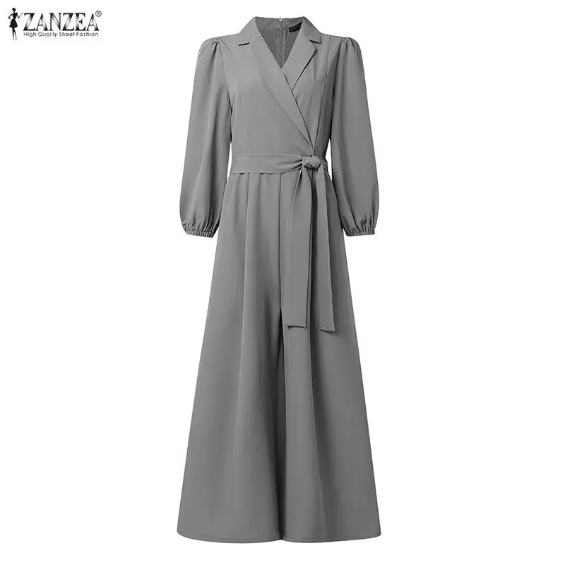 ZANZEA Women's Elegant Chic Jumpsuits Office Lady Lapel Neck Long Sleeve Tie-Waist Wide Leg Pant Overalls Solid Color Playsuits