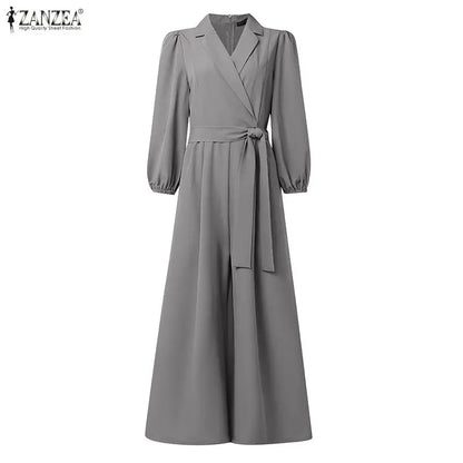 ZANZEA Women's Elegant Chic Jumpsuits Office Lady Lapel Neck Long Sleeve Tie-Waist Wide Leg Pant Overalls Solid Color Playsuits