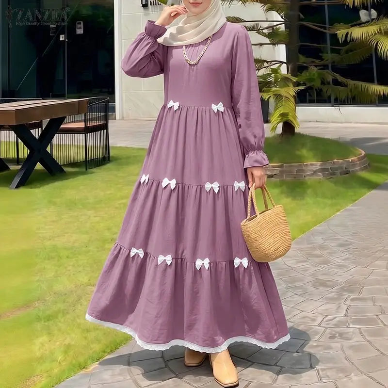 Elegant Muslim Dresses 2026 ZANZEA Ramadan Abaya Women Elegant O Neck Long Sleeve Bows Sundress Dubai Robe Femme Hijab Vestidos