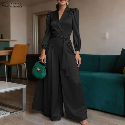 ZANZEA Women's Elegant Chic Jumpsuits Office Lady Lapel Neck Long Sleeve Tie-Waist Wide Leg Pant Overalls Solid Color Playsuits