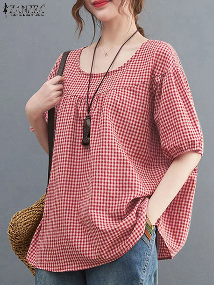 ZANZEA Summer Vintage Women Casual Loose Shirt Baggy Plaid Checked Tops Tunic Fashion O Neck Short Sleeve Blouse Blusas Chemise