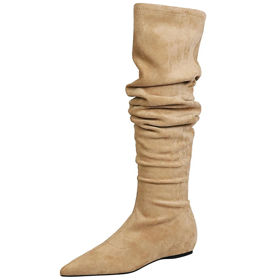 BIGTREE Shoes Women Over-the-knee Boots Side Zipper Pleated Long Boots Flat Heeled Boots Women Shoes Suede Autumn Winter Boots
