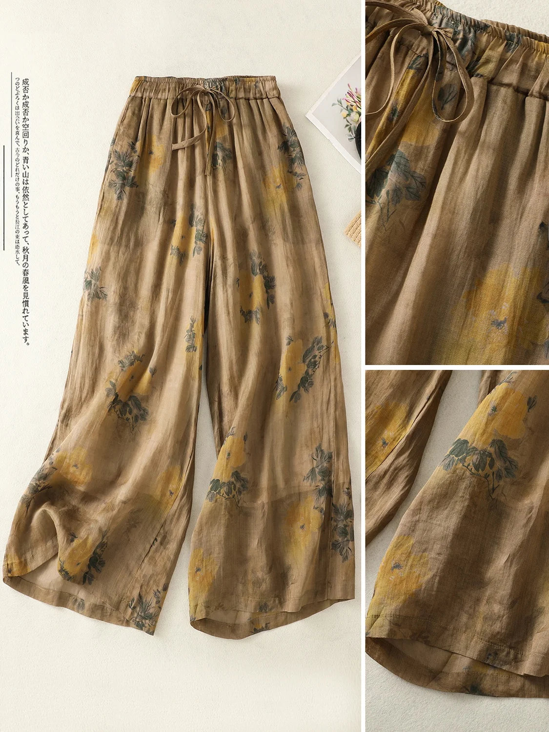 High Waist Wide Leg Pants Women's Casual Floral Print Artistic Versatile Cotton Linen Spring Autumn Season Pear Shaped Body Type