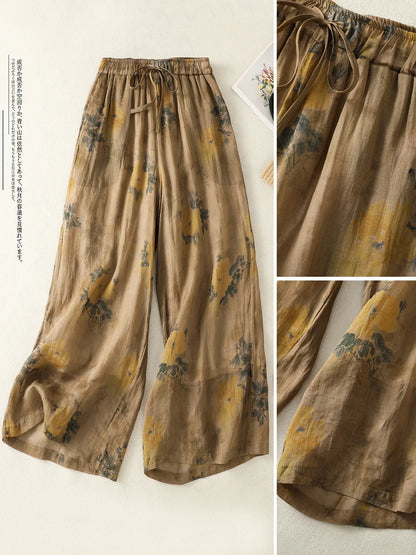 High Waist Wide Leg Pants Women's Casual Floral Print Artistic Versatile Cotton Linen Spring Autumn Season Pear Shaped Body Type