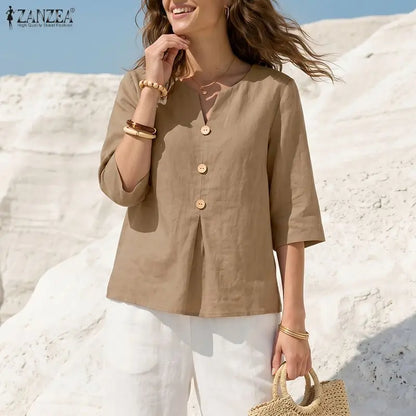 ZANZEA Women Breathable Cotton Linen Blouses V-Neck Half-Sleeve Loose Plain Tops Summer Daily Casual Vacation Beach Blusas Mujer
