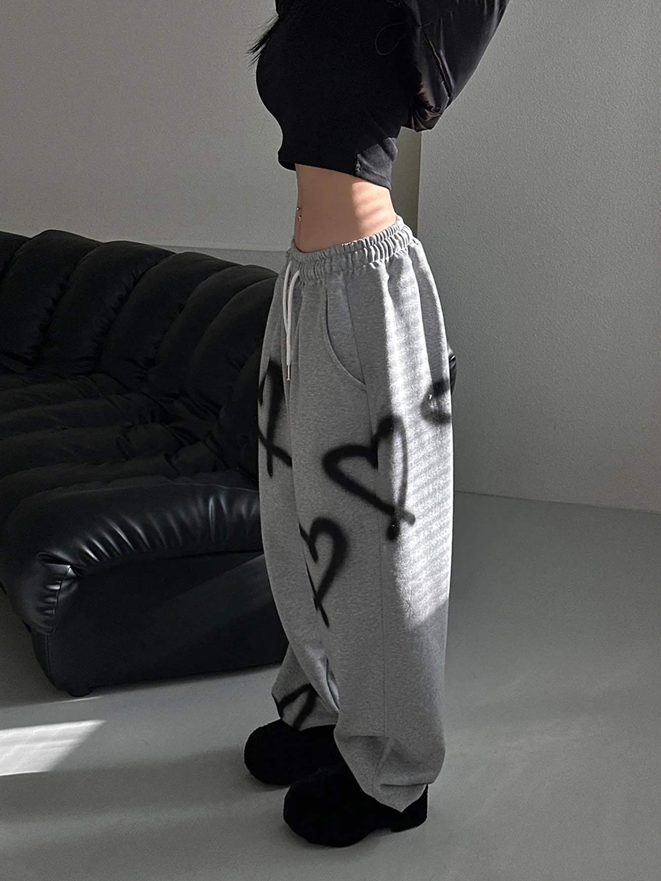 Women's Random Heart Print Drawstring Waist Sweatpants Y2k Pants Wide Leg Sweatpants