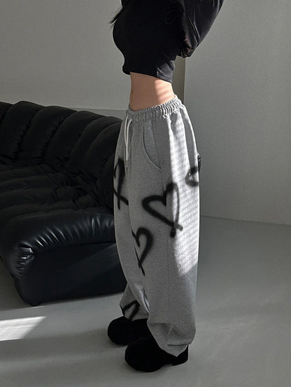 Women's Random Heart Print Drawstring Waist Sweatpants Y2k Pants Wide Leg Sweatpants