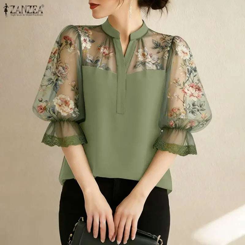ZANZEA Elegant Women Blouses Floral Printed Chiffon Patchwork Tops Fashion V-Neck 3/4 Puff Sleeve Lace Trim Woman Clothes S-3XL