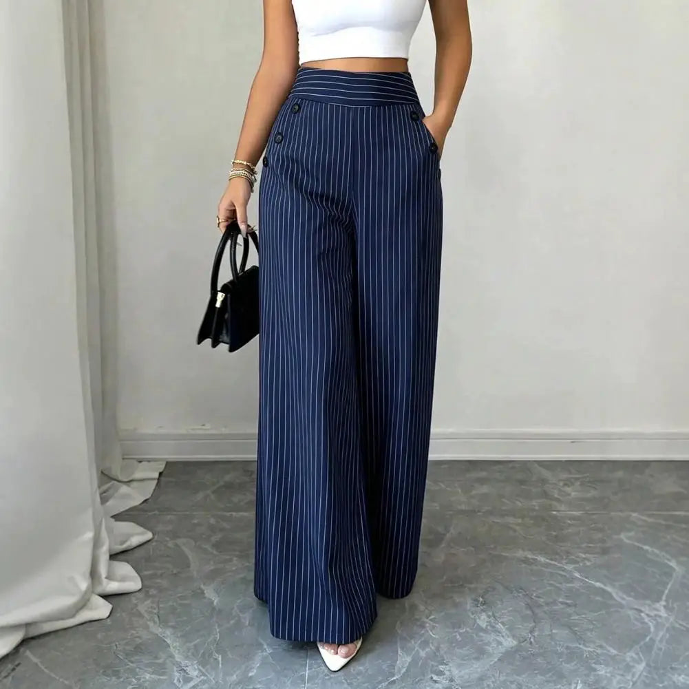 Striped Wide Leg Pants for Women, Loose Casual High Waisted Trousers with Button, Breathable Palazzo Pants with Pockets