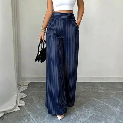 Striped Wide Leg Pants for Women, Loose Casual High Waisted Trousers with Button, Breathable Palazzo Pants with Pockets