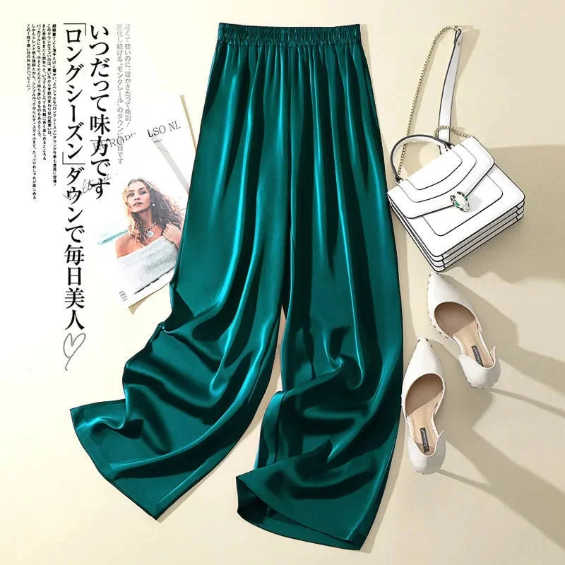 Summer Women Pants Ice Silk Triacetate Pants Lady Baggy Versatile Elastic Straight Leg Trousers Female Wide Leg High Waisted Pan