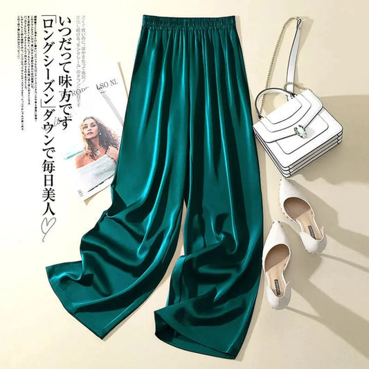 Summer Women Pants Ice Silk Triacetate Pants Lady Baggy Versatile Elastic Straight Leg Trousers Female Wide Leg High Waisted Pan