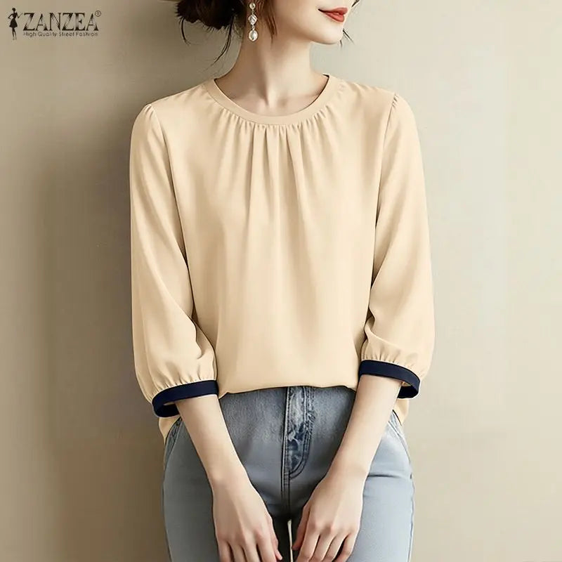 ZANZEA Woman Casual Blouses Gathered O-Neck Contrast-Trim 3/4 Sleeve Solid Color Tops 2026 Summer Everyday Wear Blusas de Mujer