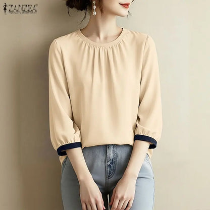 ZANZEA Woman Casual Blouses Gathered O-Neck Contrast-Trim 3/4 Sleeve Solid Color Tops 2026 Summer Everyday Wear Blusas de Mujer